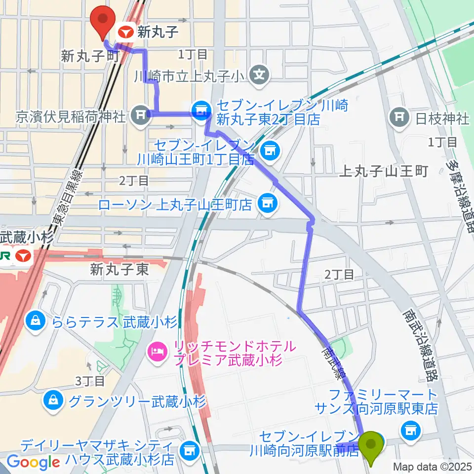 向河原駅からルナハープ教室へのルートマップ地図