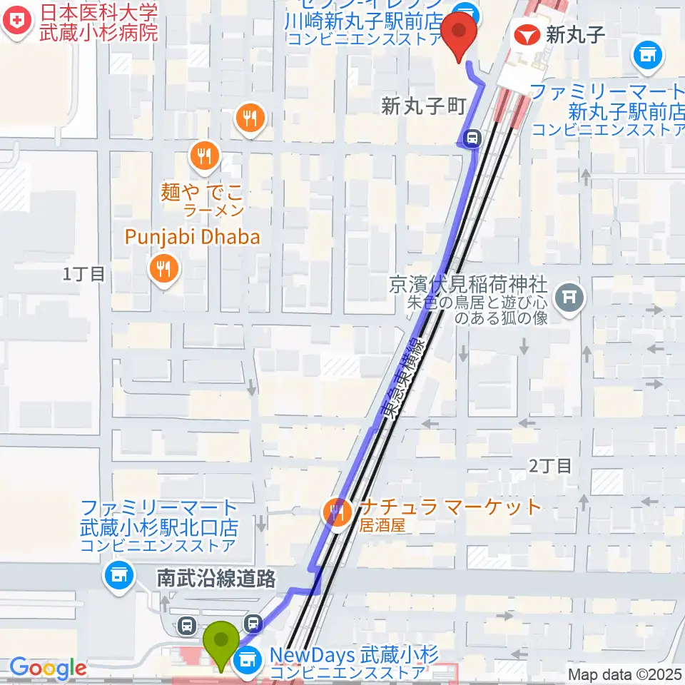 武蔵小杉駅からルナハープ教室へのルートマップ地図