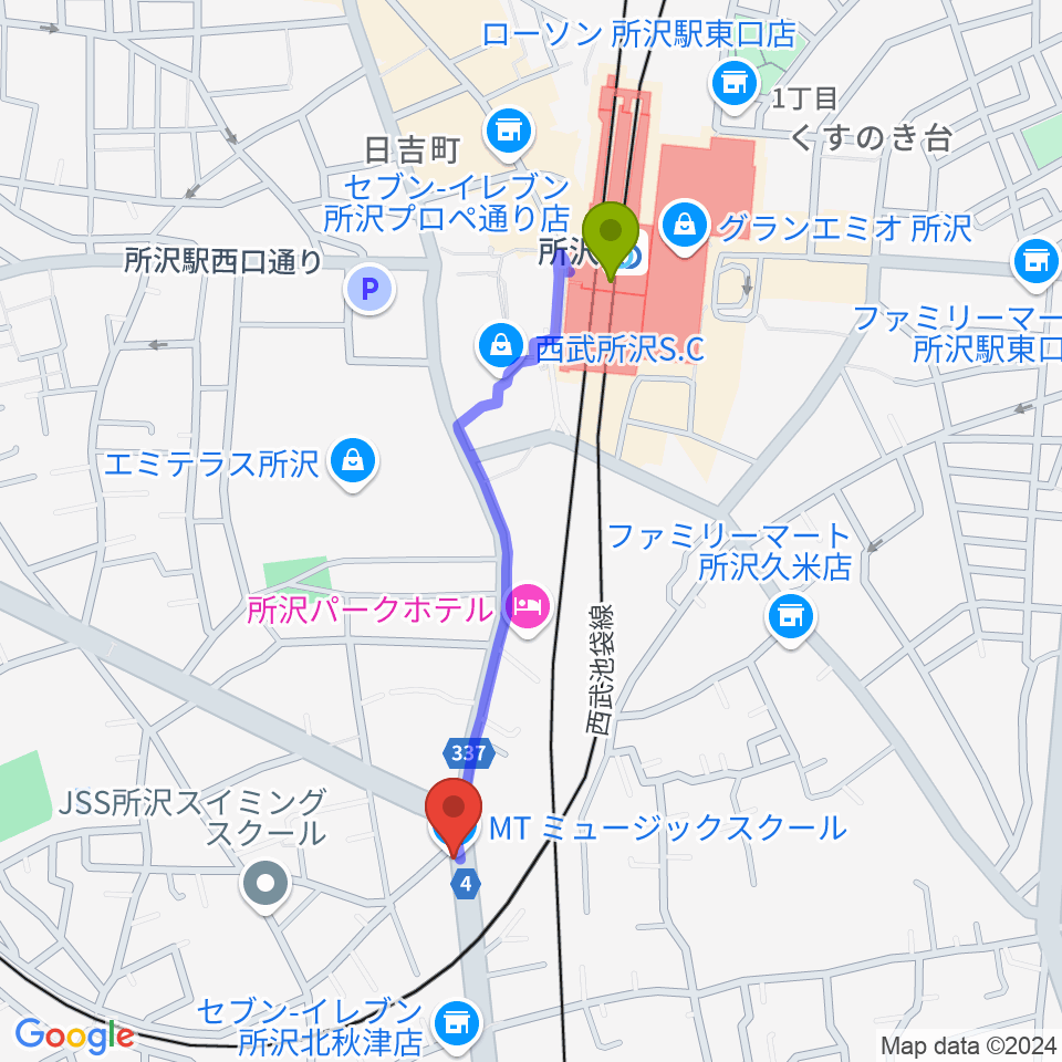 MTミュージックスクールの最寄駅所沢駅からの徒歩ルート（約9分）地図