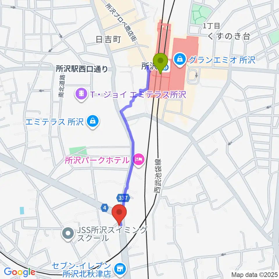 MTミュージックスクールの最寄駅所沢駅からの徒歩ルート（約9分）地図