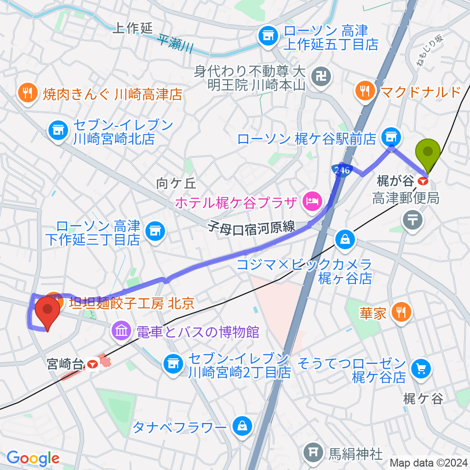 梶が谷駅から音楽教室ミューゼへのルートマップ地図