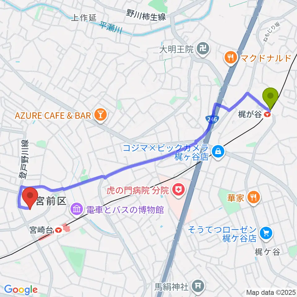 梶が谷駅から音楽教室ミューゼへのルートマップ地図