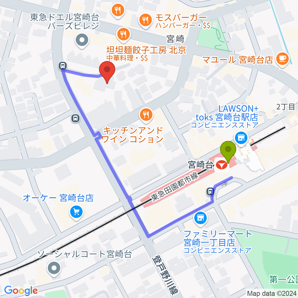 音楽教室ミューゼの最寄駅宮崎台駅からの徒歩ルート（約4分）地図