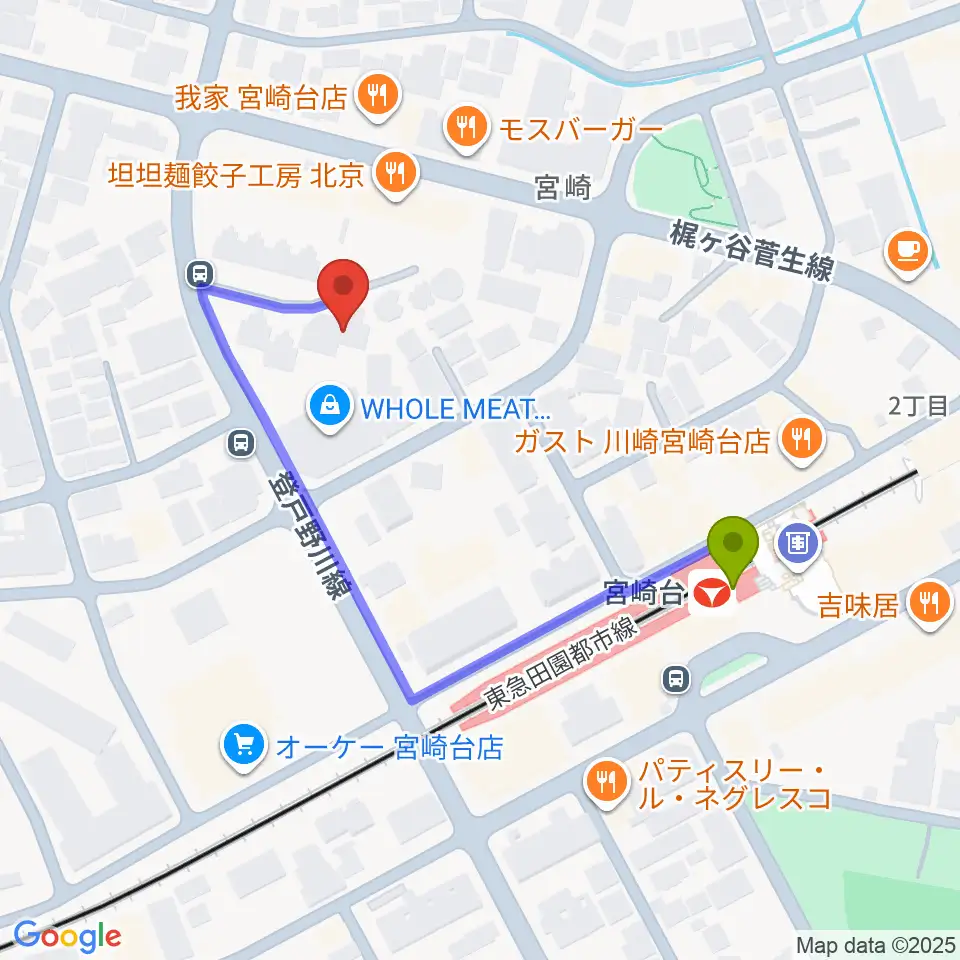 音楽教室ミューゼの最寄駅宮崎台駅からの徒歩ルート（約4分）地図