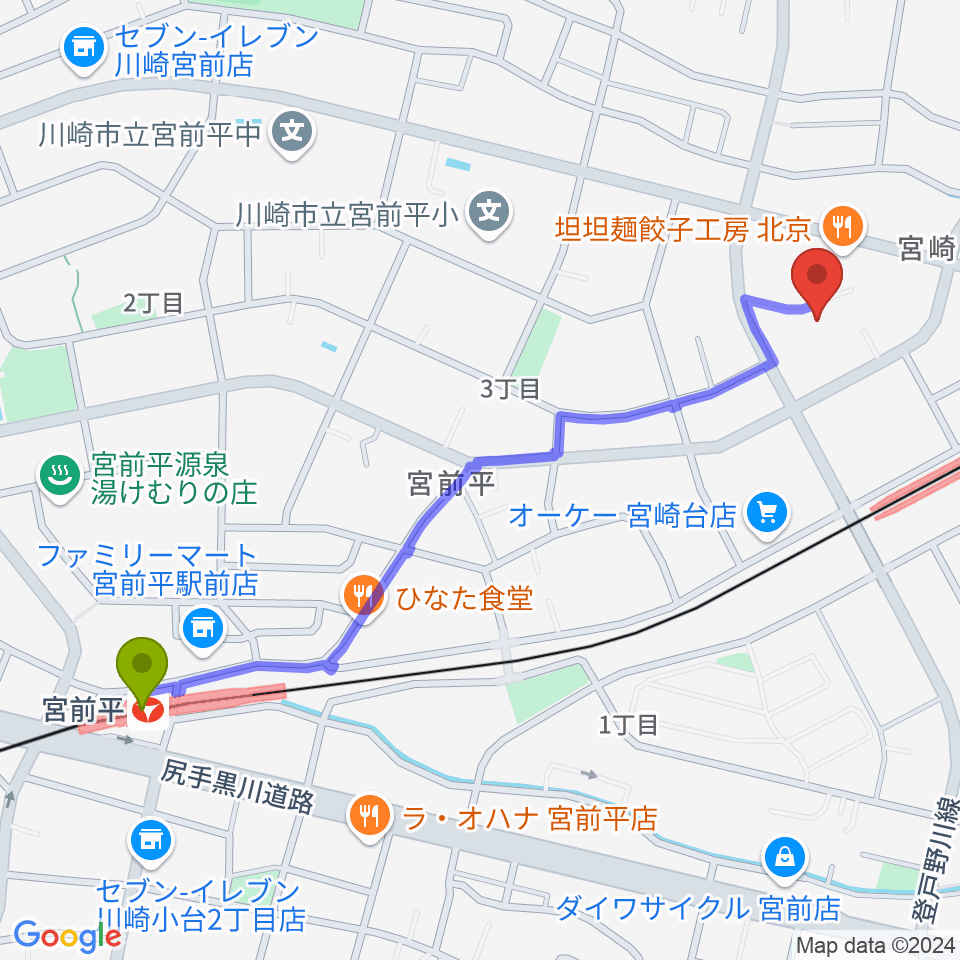 宮前平駅から音楽教室ミューゼへのルートマップ地図