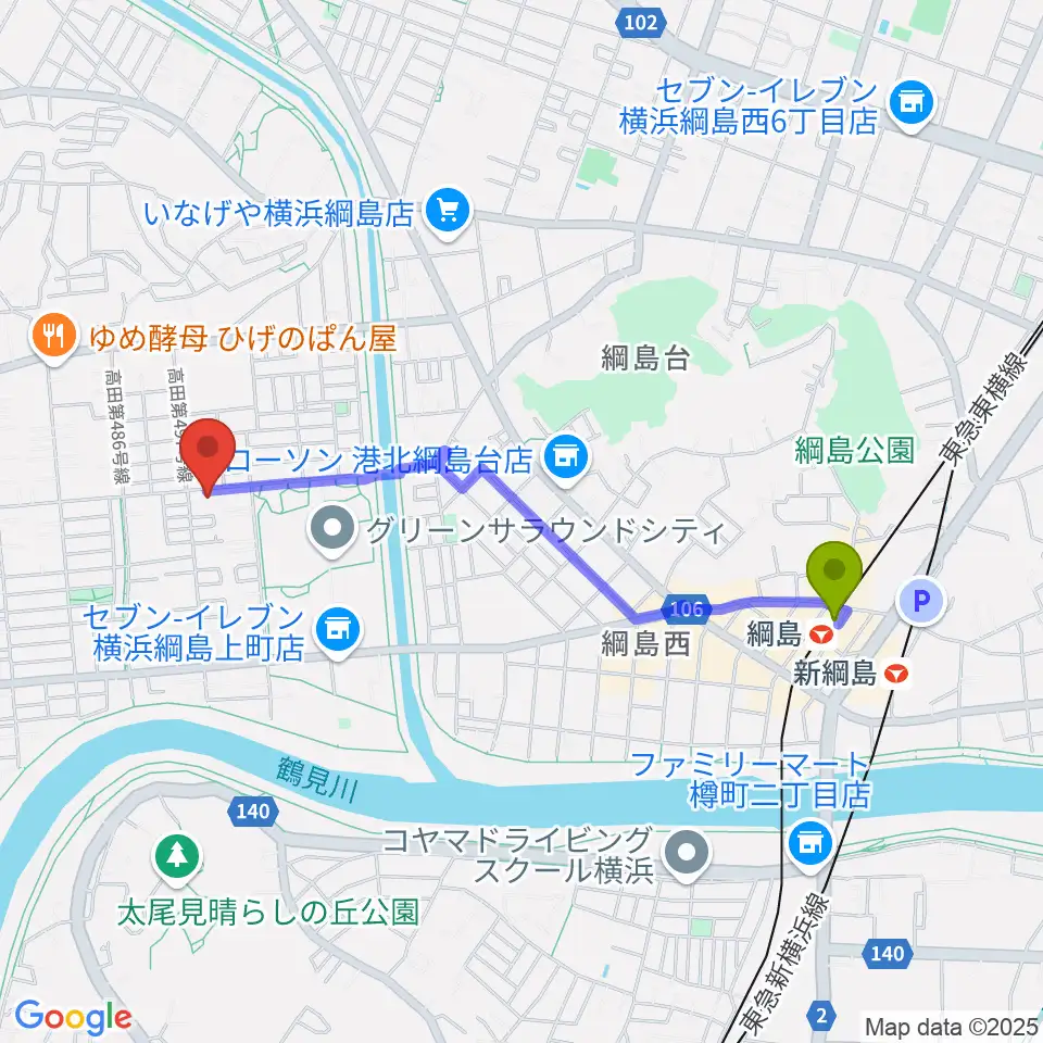 師岡ヴァイオリン教室の最寄駅綱島駅からの徒歩ルート（約19分）地図