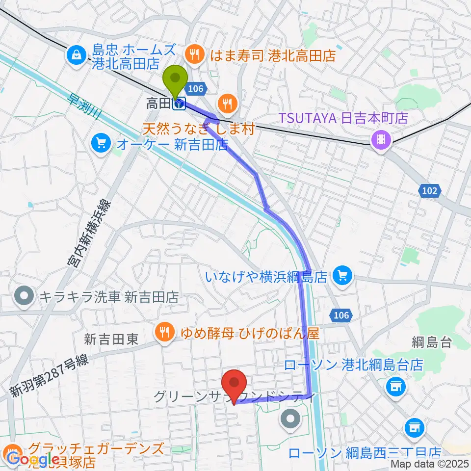 高田駅から師岡ヴァイオリン教室へのルートマップ地図