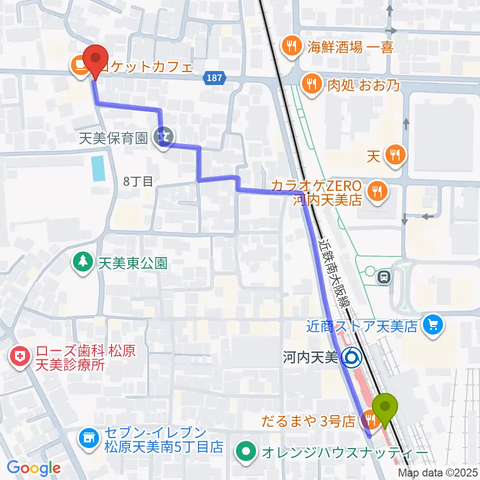ハウスムジーク音楽教室の最寄駅河内天美駅からの徒歩ルート（約7分）地図