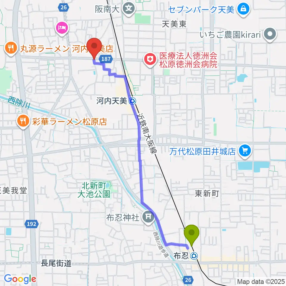 布忍駅からハウスムジーク音楽教室へのルートマップ地図