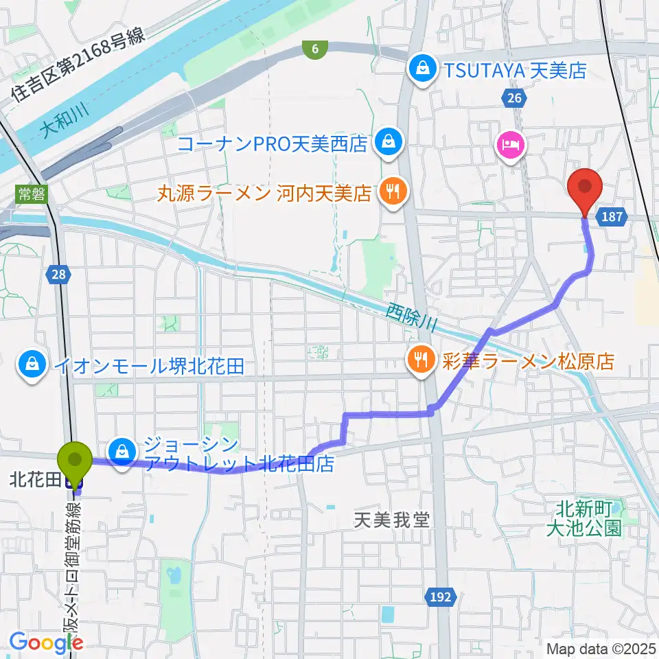 北花田駅からハウスムジーク音楽教室へのルートマップ地図
