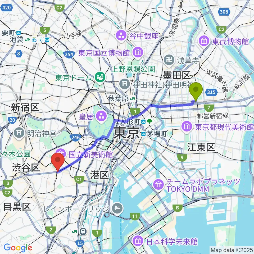 錦糸町駅から千藤三味線学院へのルートマップ地図