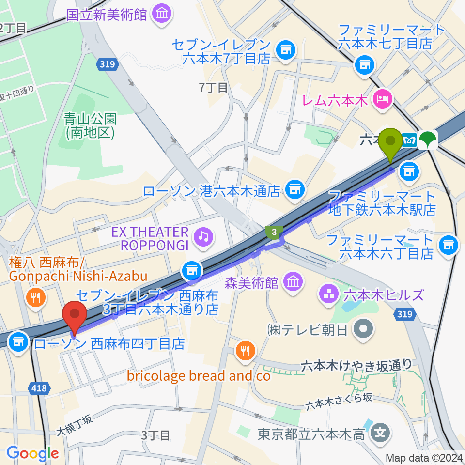 千藤三味線学院の最寄駅六本木駅からの徒歩ルート（約12分）地図