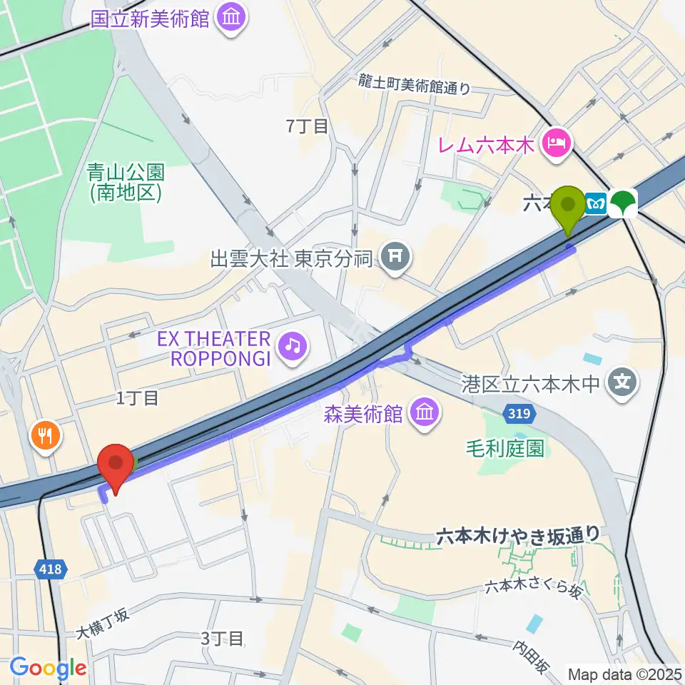 千藤三味線学院の最寄駅六本木駅からの徒歩ルート（約12分）地図