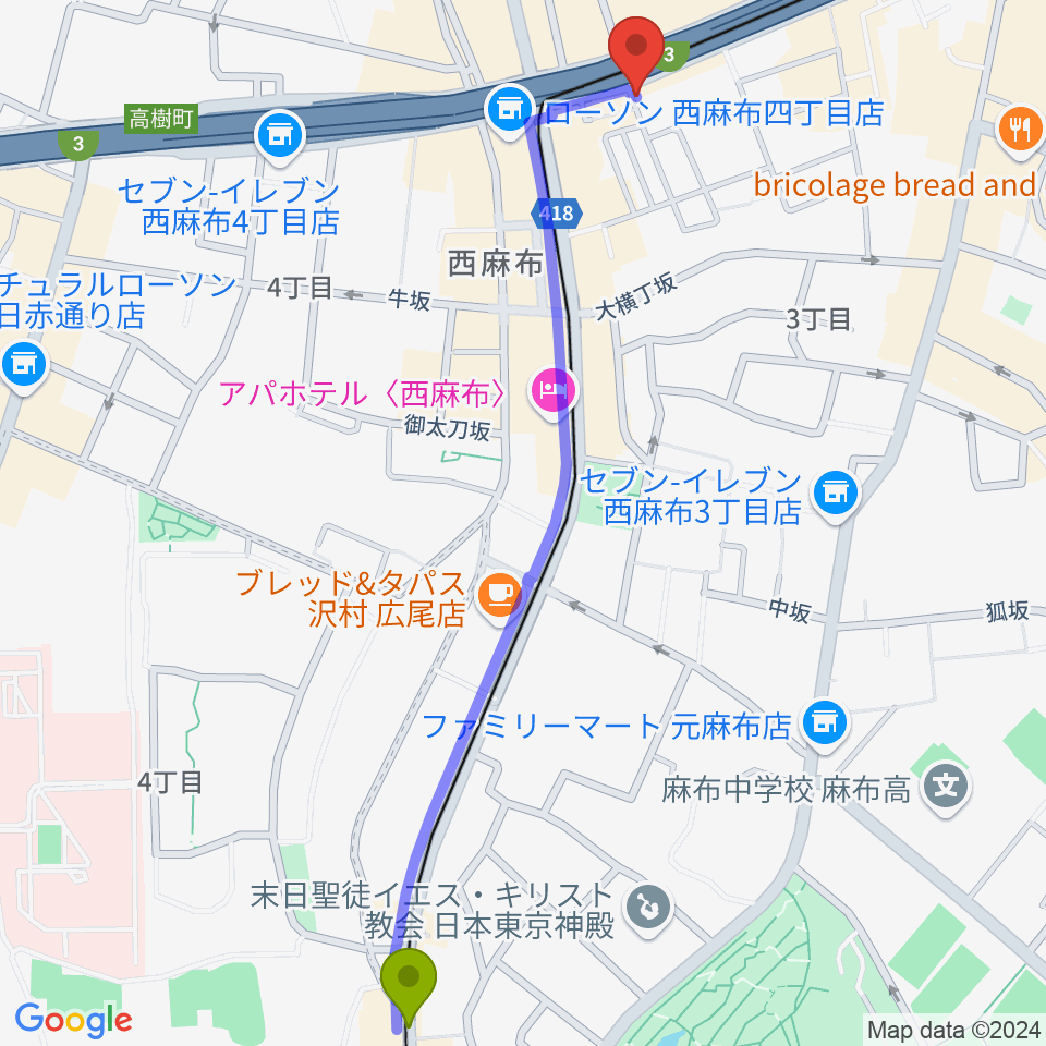 広尾駅から千藤三味線学院へのルートマップ地図