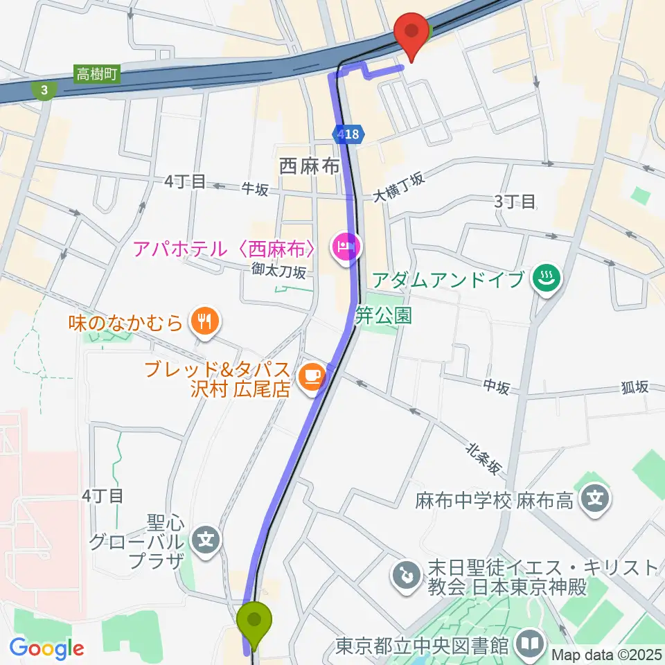 広尾駅から千藤三味線学院へのルートマップ地図