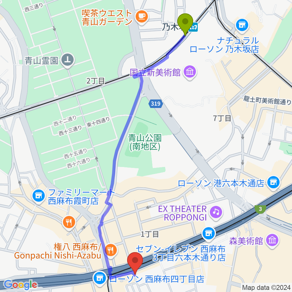 乃木坂駅から千藤三味線学院へのルートマップ地図