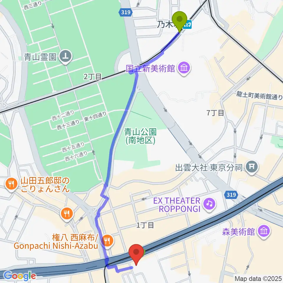 乃木坂駅から千藤三味線学院へのルートマップ地図