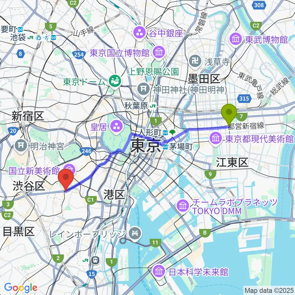 住吉駅から千藤三味線学院へのルートマップ地図