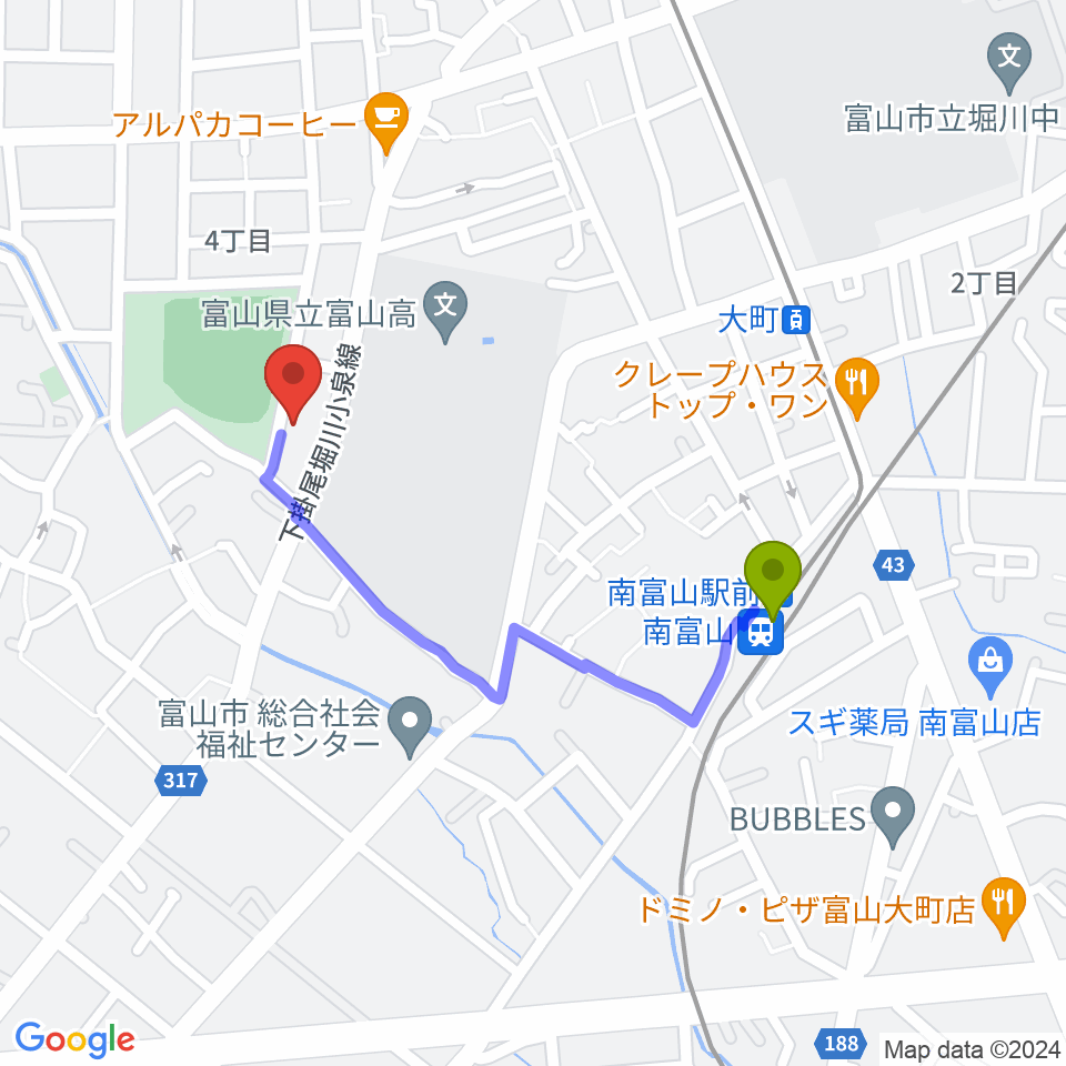 南富山駅からパークサイドスタジオへのルートマップ地図