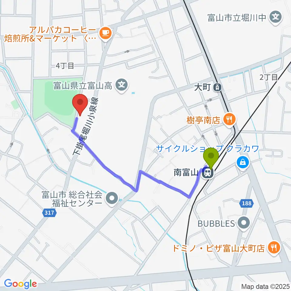 南富山駅からパークサイドスタジオへのルートマップ地図