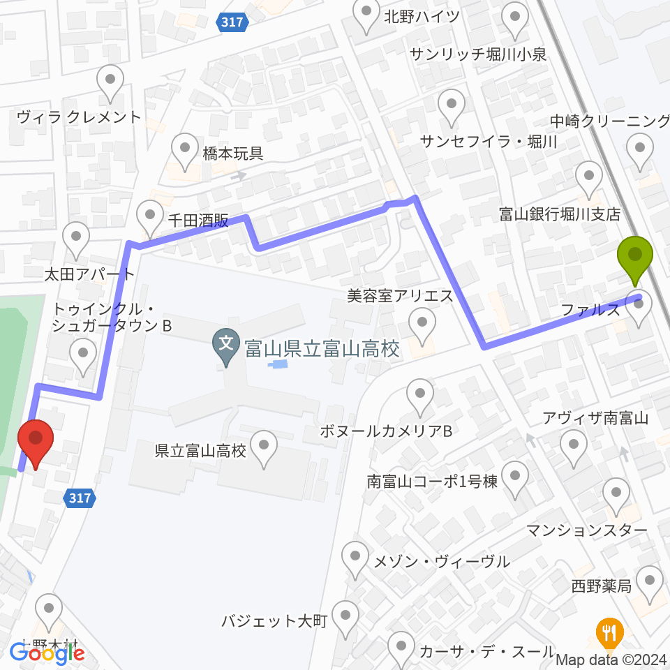 パークサイドスタジオの最寄駅大町駅からの徒歩ルート（約7分）地図