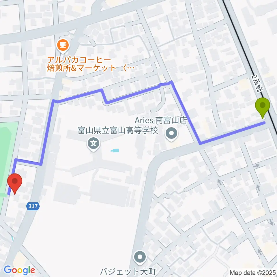 パークサイドスタジオの最寄駅大町駅からの徒歩ルート（約7分）地図