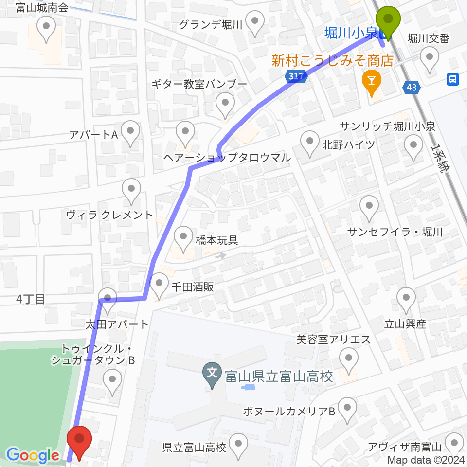 堀川小泉駅からパークサイドスタジオへのルートマップ地図