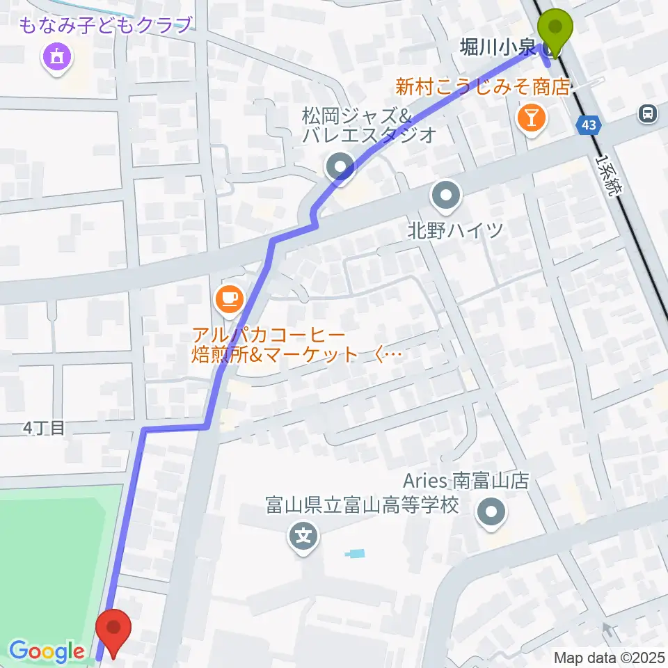 堀川小泉駅からパークサイドスタジオへのルートマップ地図