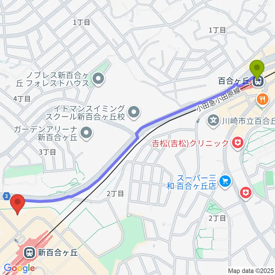 百合ヶ丘駅から昭和音楽大学附属音楽・バレエ教室 新百合ヶ丘校へのルートマップ地図