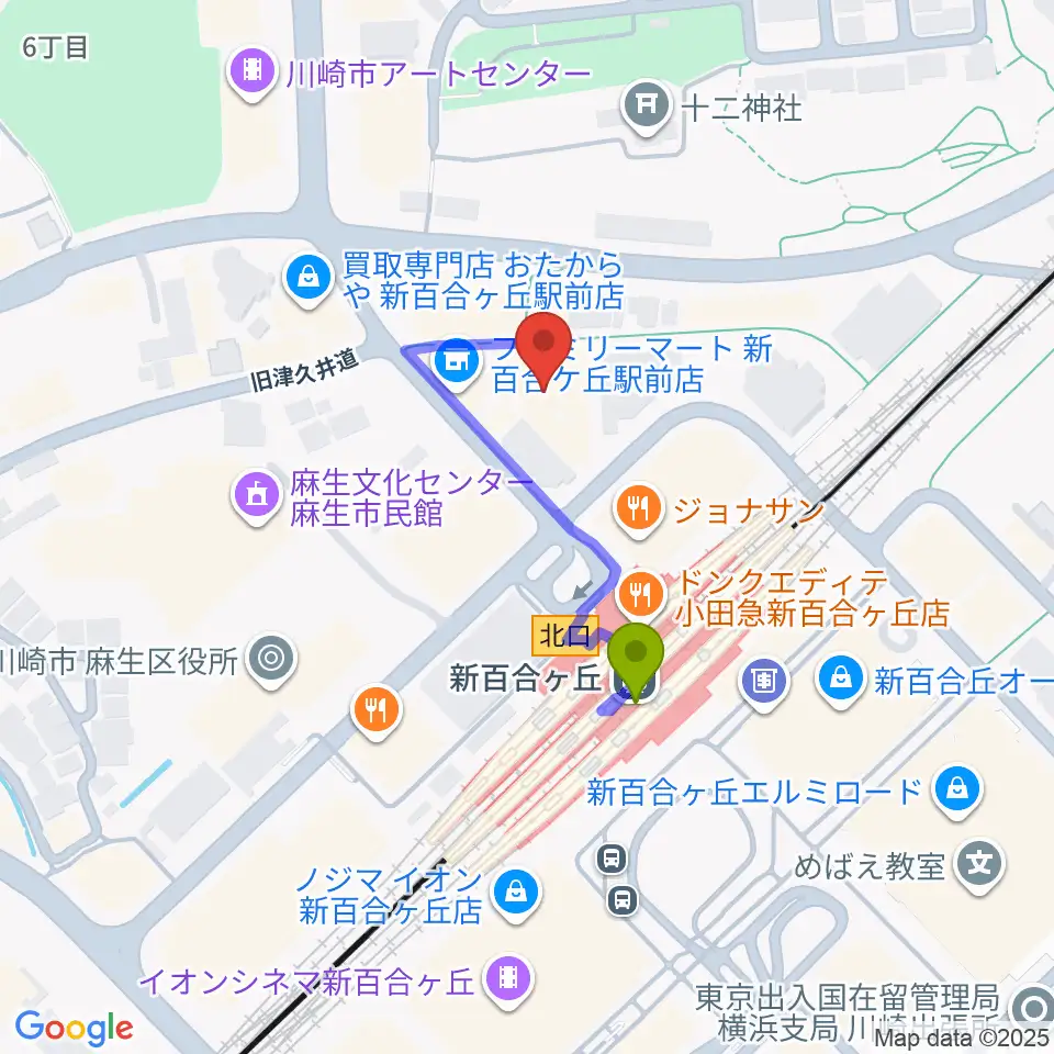 昭和音楽大学附属音楽・バレエ教室 新百合ヶ丘校の最寄駅新百合ヶ丘駅からの徒歩ルート（約2分）地図