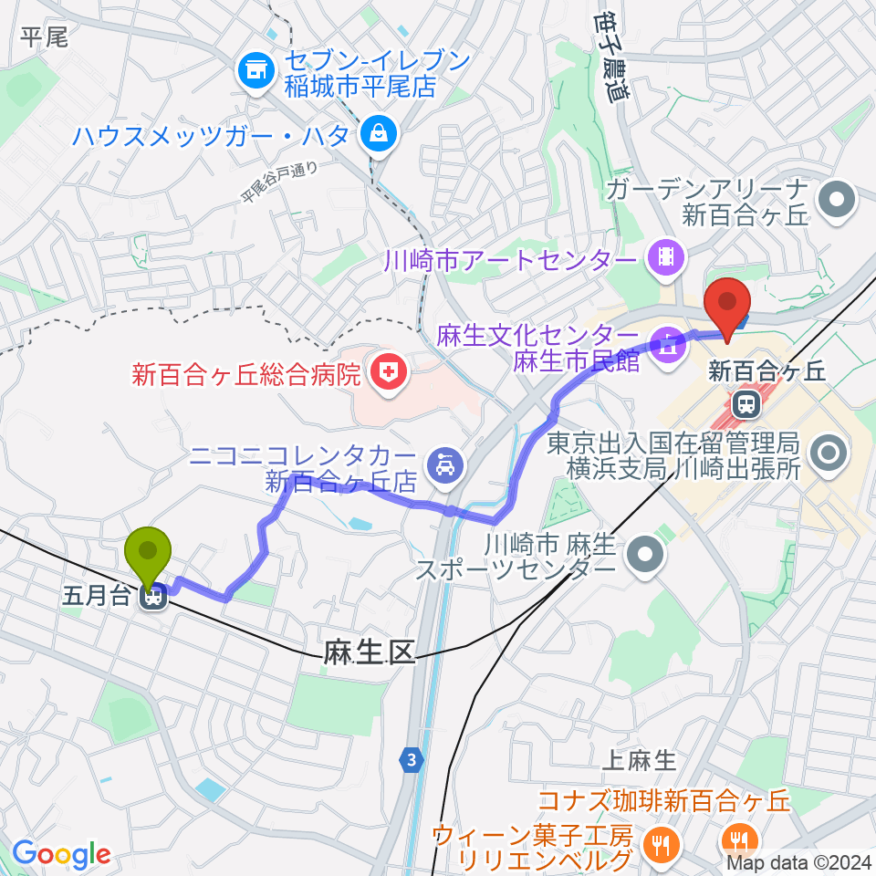 五月台駅から昭和音楽大学附属音楽・バレエ教室 新百合ヶ丘校へのルートマップ地図