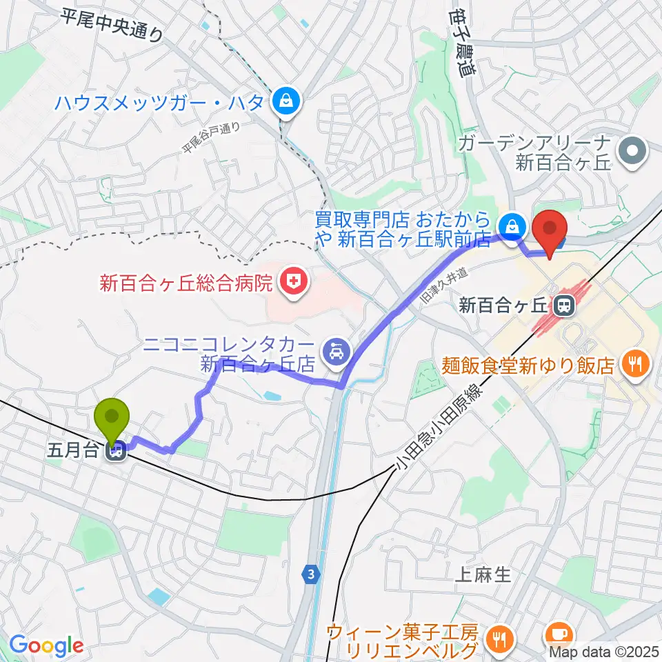 五月台駅から昭和音楽大学附属音楽・バレエ教室 新百合ヶ丘校へのルートマップ地図