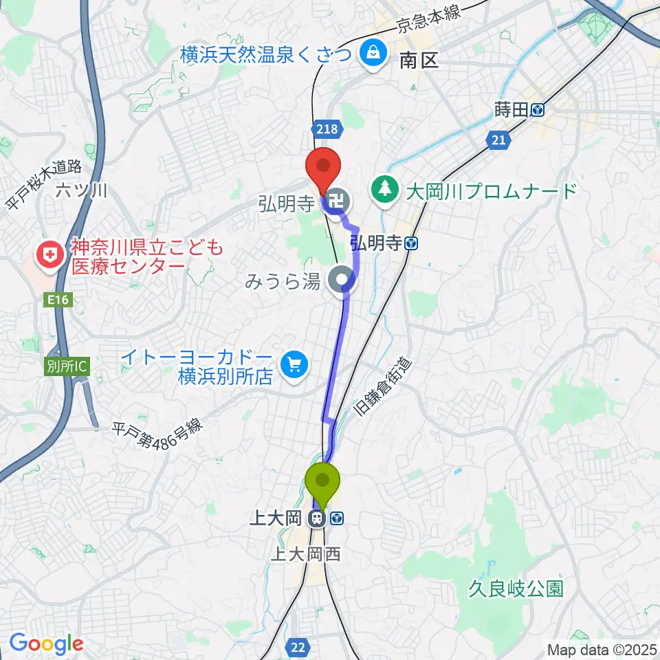 上大岡駅から弘明寺音楽院へのルートマップ地図
