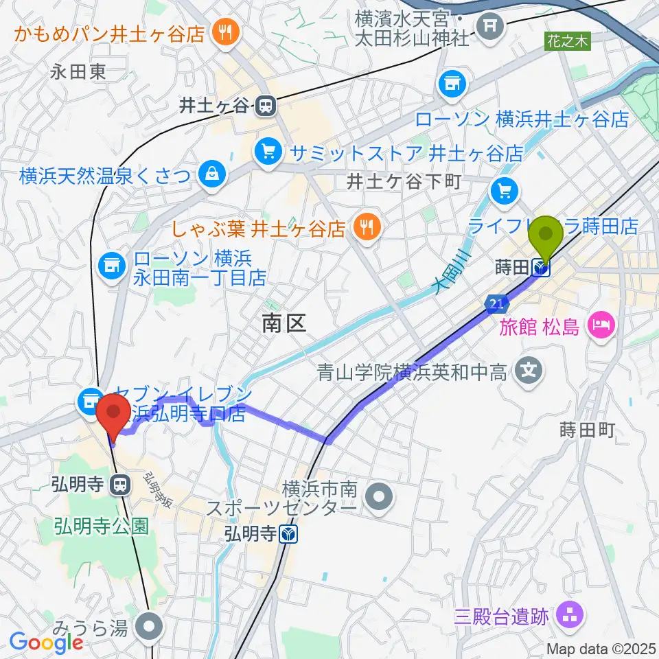 蒔田駅から弘明寺音楽院へのルートマップ地図