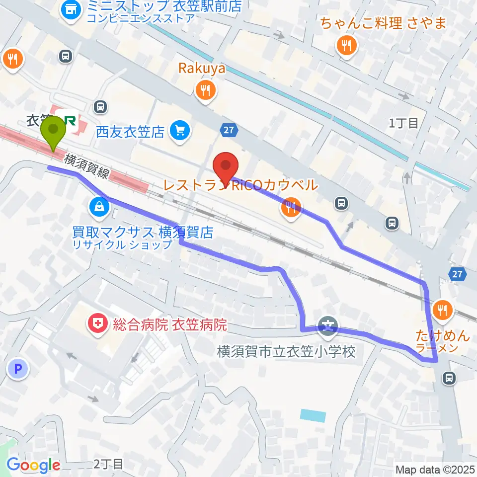 石田音楽院の最寄駅衣笠駅からの徒歩ルート（約3分）地図