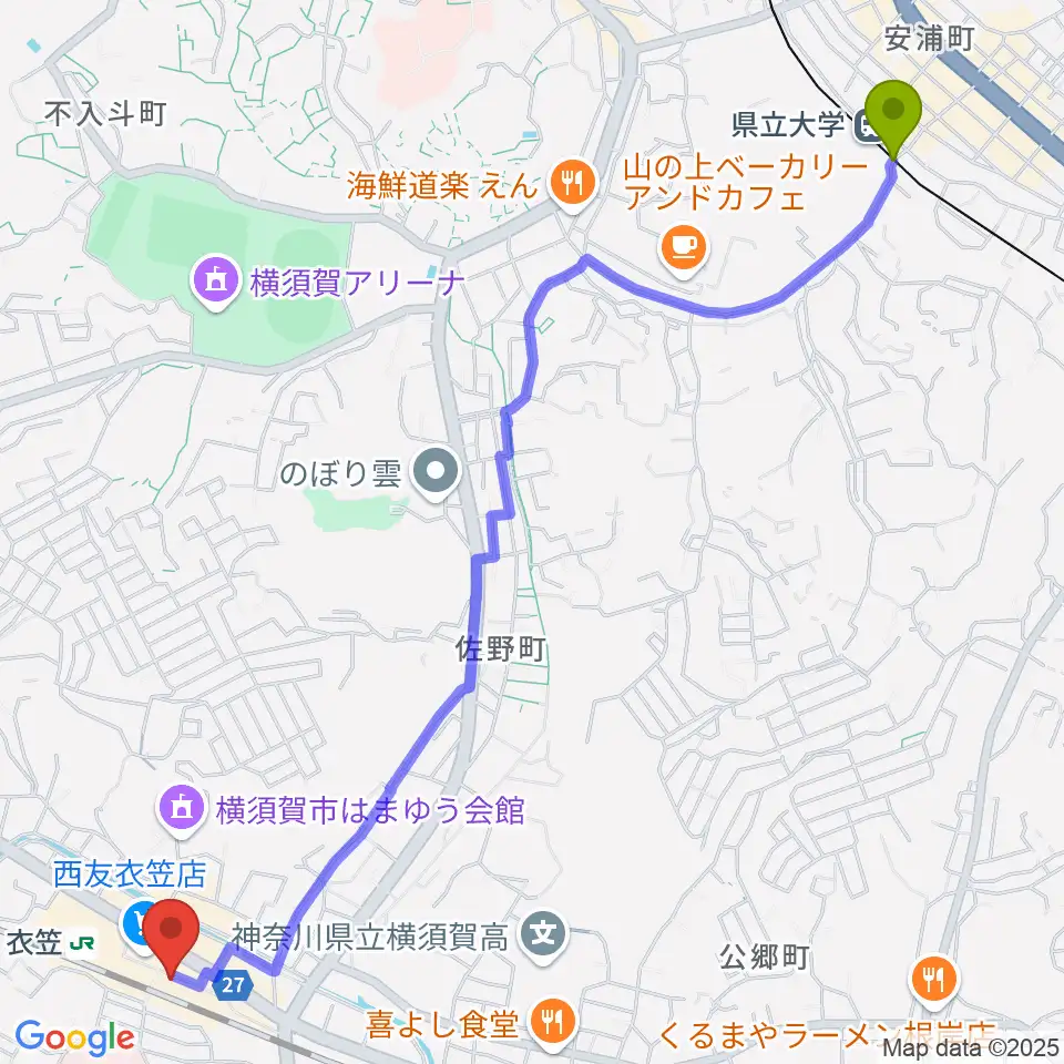 県立大学駅から石田音楽院へのルートマップ地図