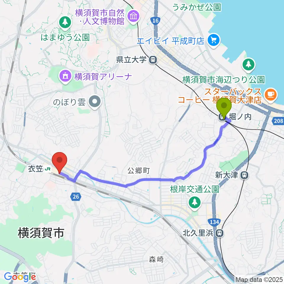 堀ノ内駅から石田音楽院へのルートマップ地図
