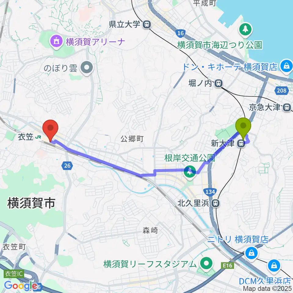 新大津駅から石田音楽院へのルートマップ地図