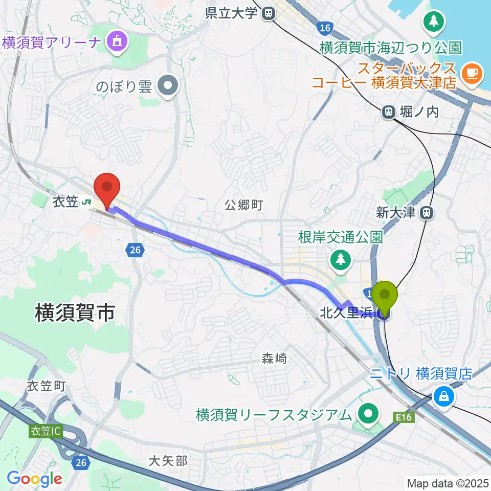 北久里浜駅から石田音楽院へのルートマップ地図