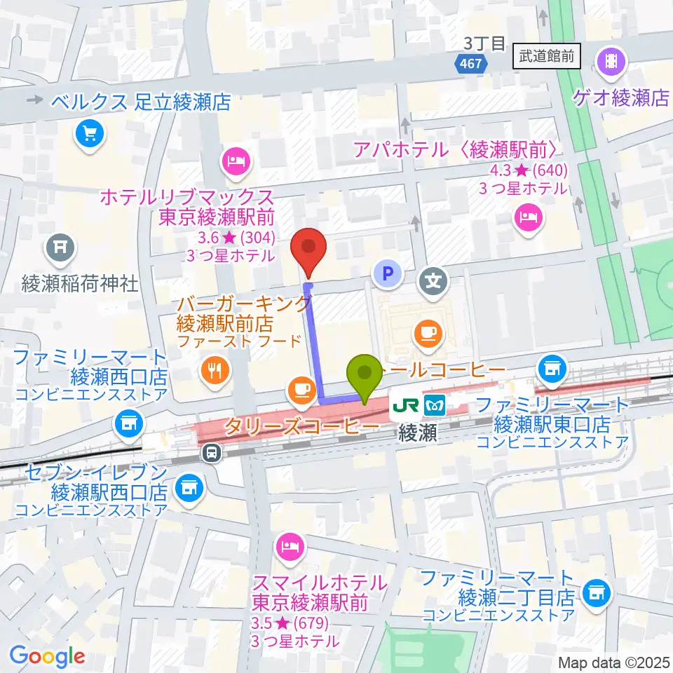 スタジオレッド綾瀬店の最寄駅綾瀬駅からの徒歩ルート（約2分）地図