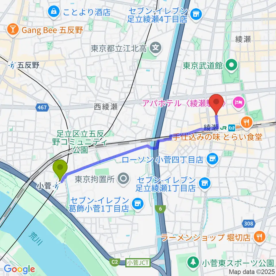 小菅駅からスタジオレッド綾瀬店へのルートマップ地図