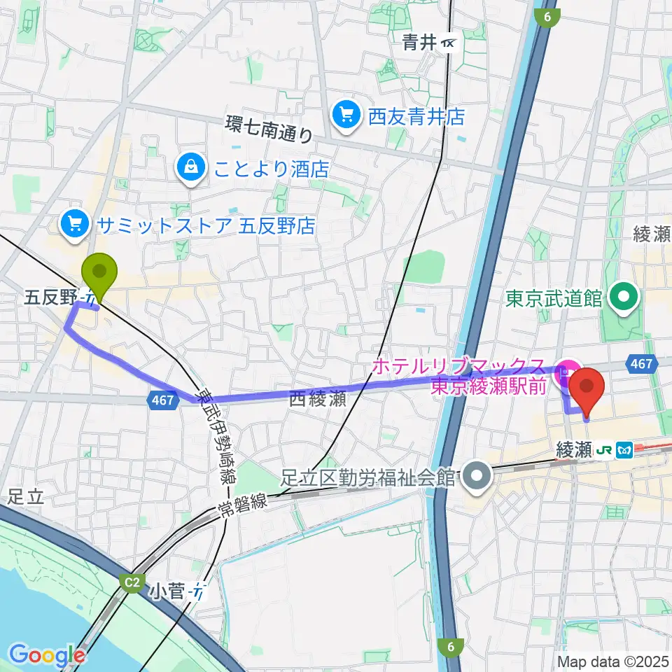 五反野駅からスタジオレッド綾瀬店へのルートマップ地図