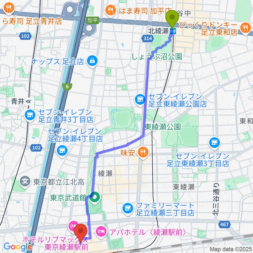 北綾瀬駅からスタジオレッド綾瀬店へのルートマップ地図