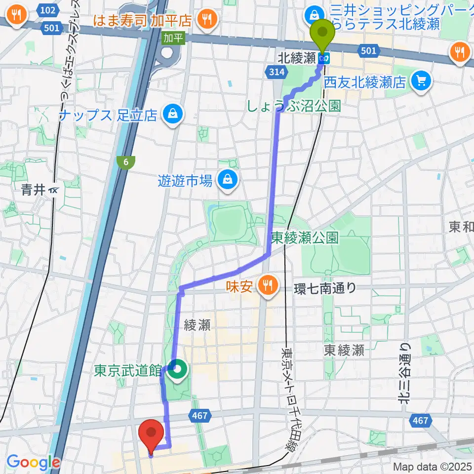 北綾瀬駅からスタジオレッド綾瀬店へのルートマップ地図