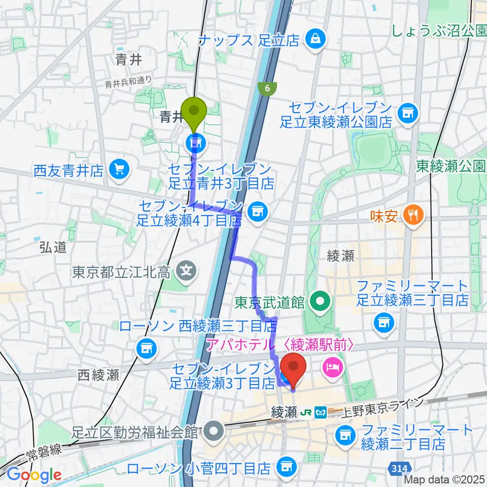 青井駅からスタジオレッド綾瀬店へのルートマップ地図