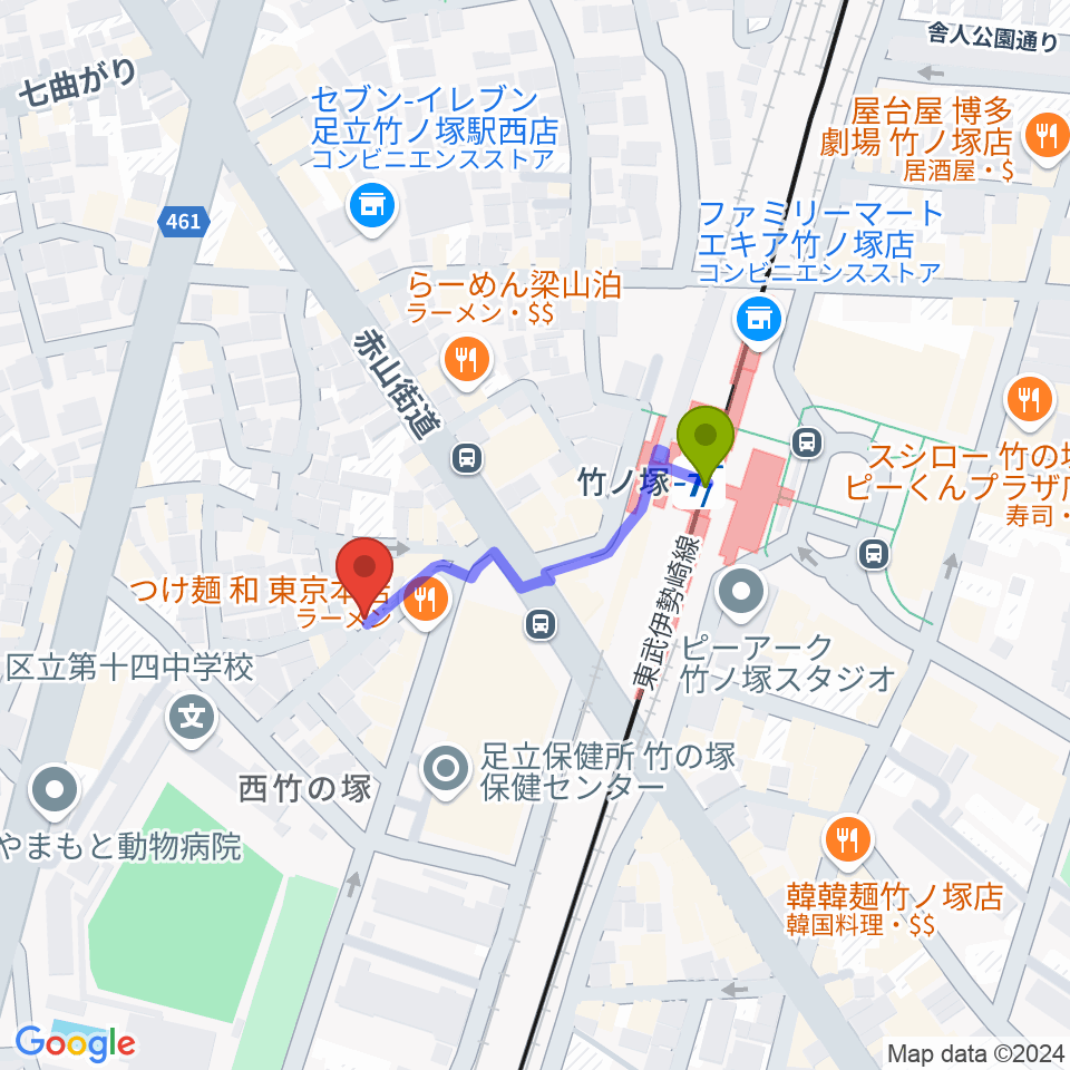 竹ノ塚STUDIO ICCの最寄駅竹ノ塚駅からの徒歩ルート（約3分）地図