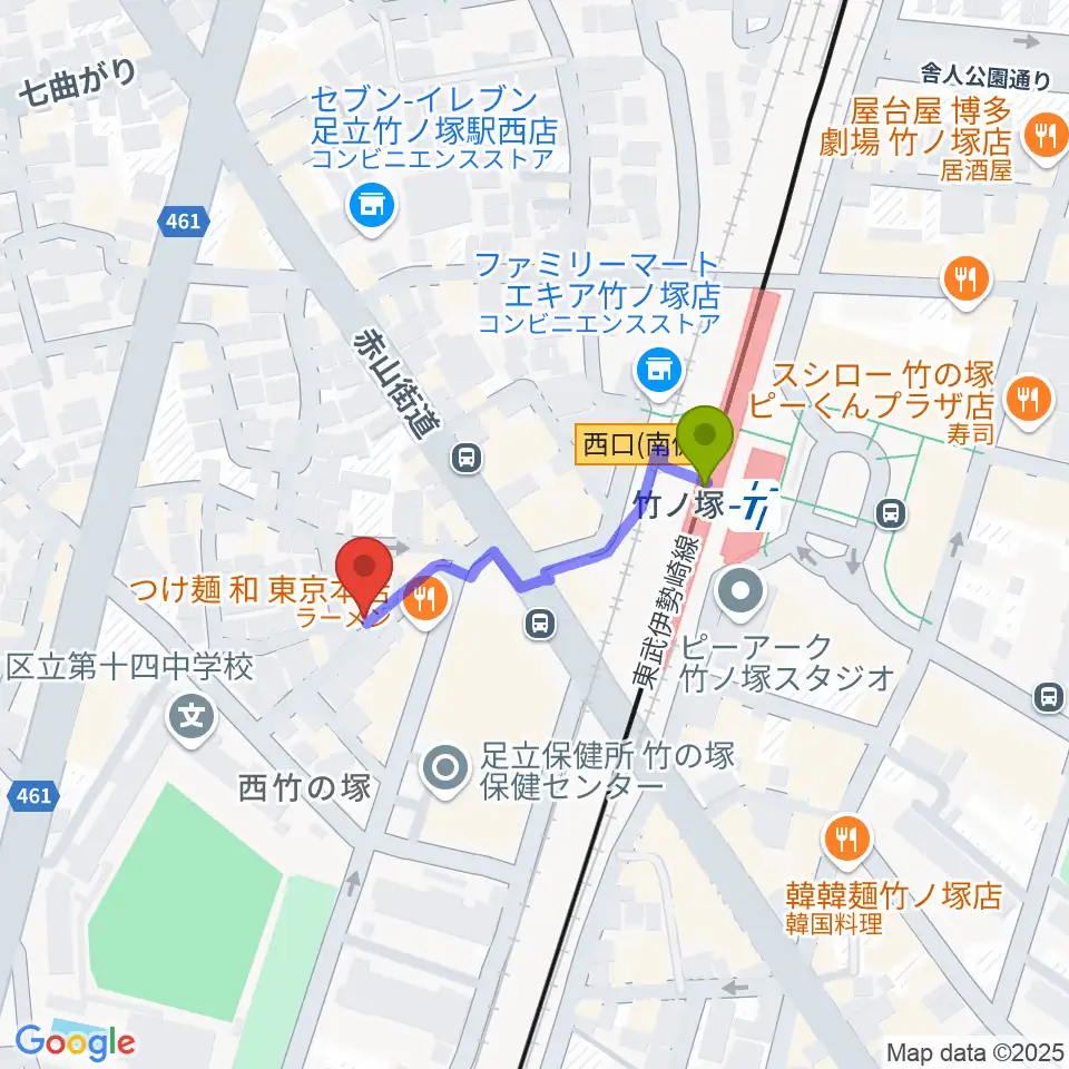 竹ノ塚STUDIO ICCの最寄駅竹ノ塚駅からの徒歩ルート（約3分）地図