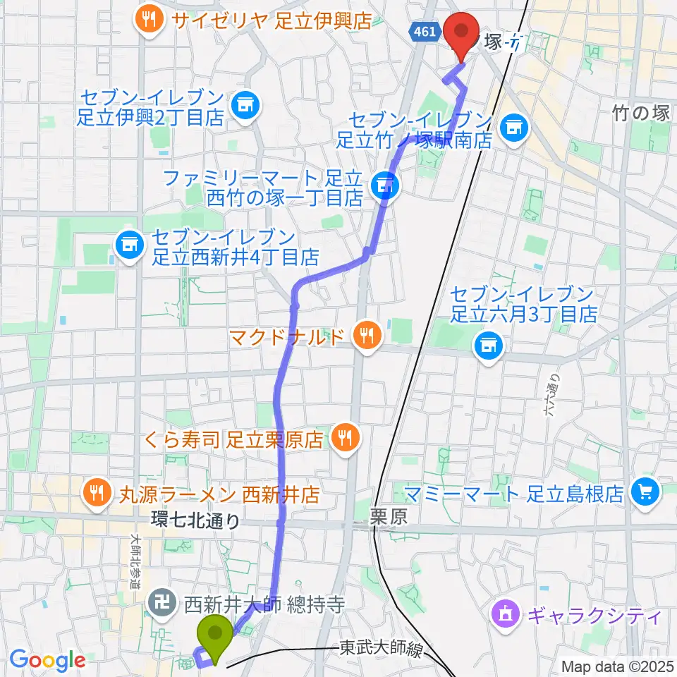 大師前駅から竹ノ塚STUDIO ICCへのルートマップ地図