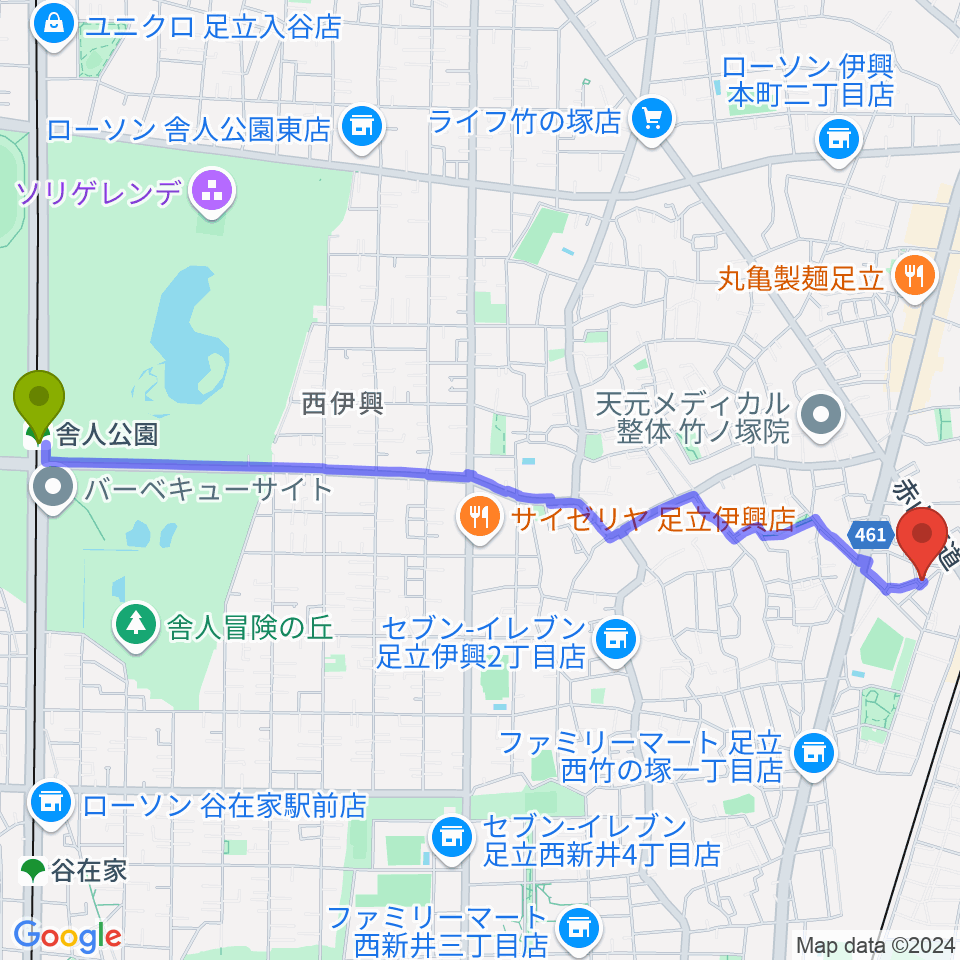 舎人公園駅から竹ノ塚STUDIO ICCへのルートマップ地図