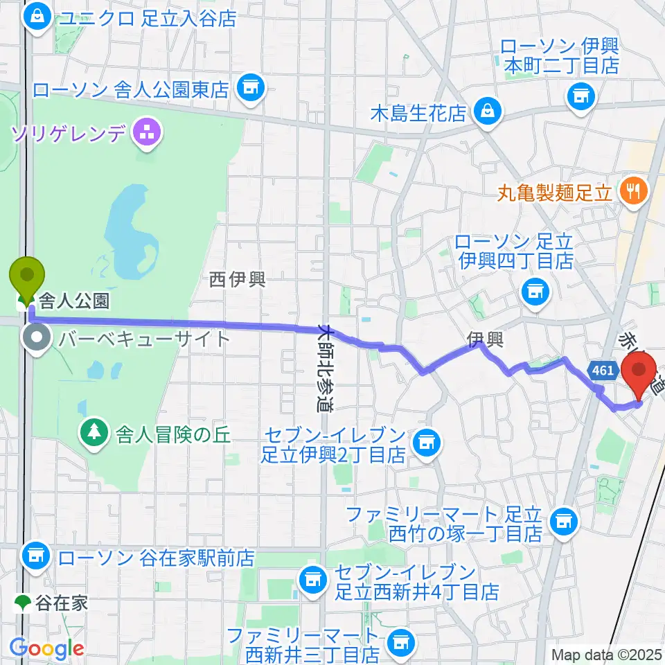 舎人公園駅から竹ノ塚STUDIO ICCへのルートマップ地図